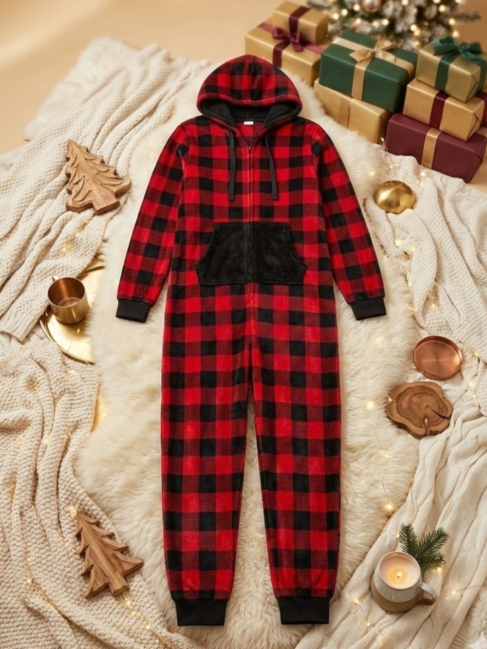 Women's Red and Black Buffalo Plaid Hooded Pajamas With Pockets